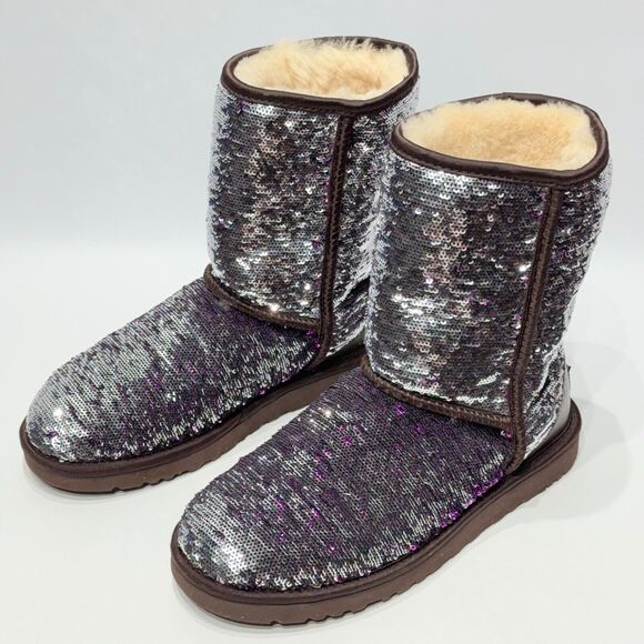 Ugg Australia Sequin Silver Purple Sparkle Winter Boot Women Size 7 Minimal Wear - Picture 1 of 11